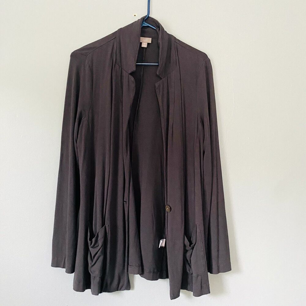 J Jill Cardigan Jacket Womens Medium Stretch Knit Open Front Round Collar Gray